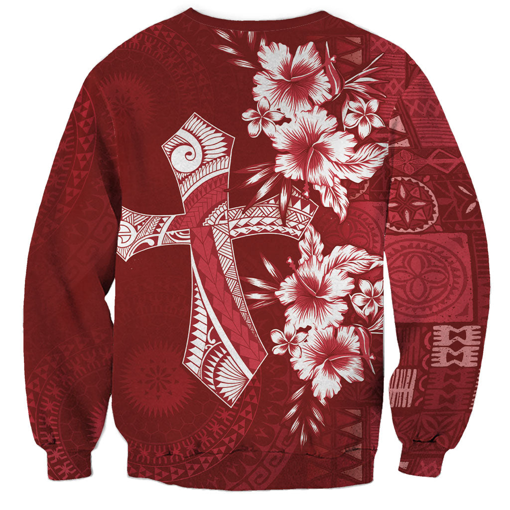 Kia Orana Cook Islands Tapa Floral With Cross Sweatshirt Crimson Red LT7 - Polynesian Pride
