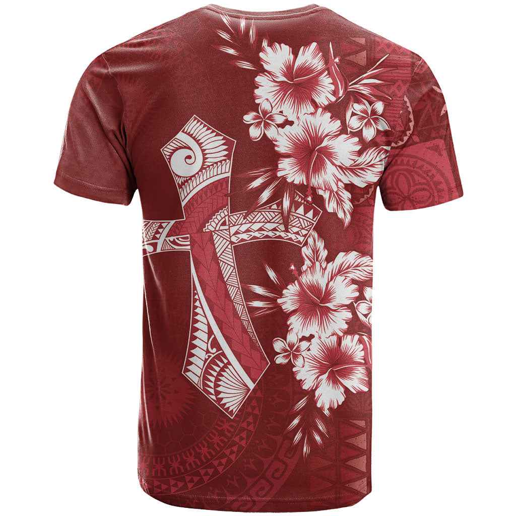 Kia Orana Cook Islands Tapa Floral With Cross T Shirt Crimson Red LT7 - Polynesian Pride