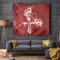 Kia Orana Cook Islands Tapa Floral With Cross Tapestry Crimson Red