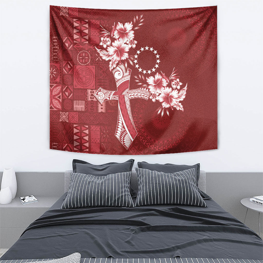 Kia Orana Cook Islands Tapa Floral With Cross Tapestry Crimson Red