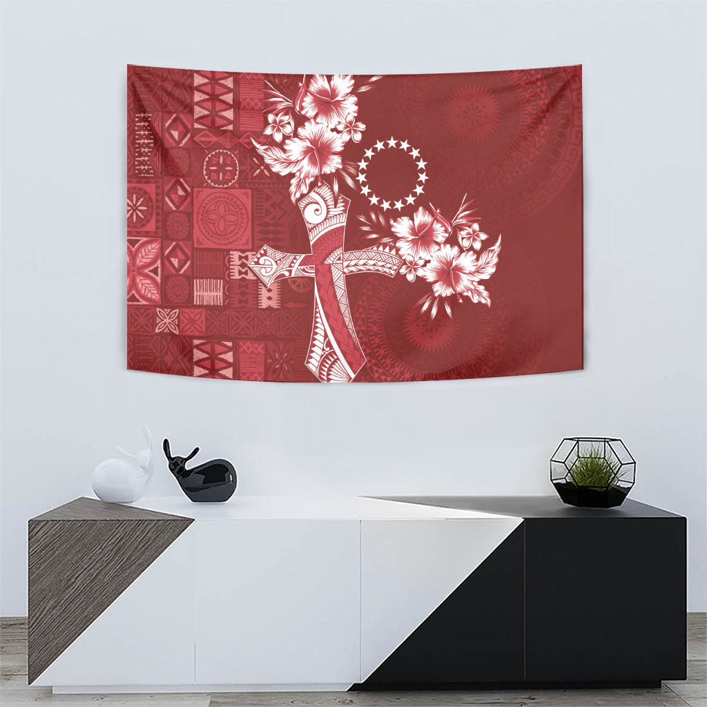 Kia Orana Cook Islands Tapa Floral With Cross Tapestry Crimson Red