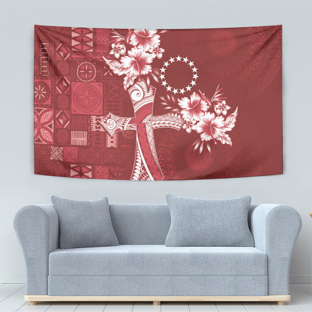Kia Orana Cook Islands Tapa Floral With Cross Tapestry Crimson Red