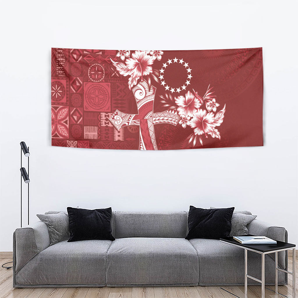 Kia Orana Cook Islands Tapa Floral With Cross Tapestry Crimson Red