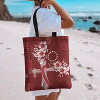 Kia Orana Cook Islands Tapa Floral With Cross Tote Bag Crimson Red LT7 - Polynesian Pride