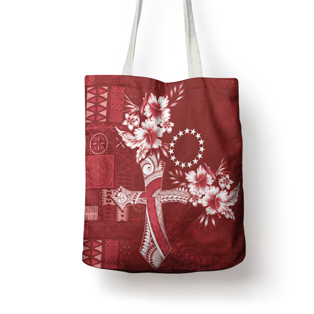 Kia Orana Cook Islands Tapa Floral With Cross Tote Bag Crimson Red LT7 - Polynesian Pride