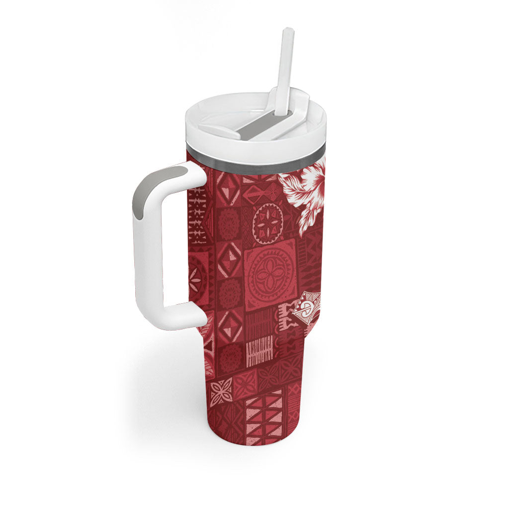 Kia Orana Cook Islands Tapa Floral With Cross Tumbler With Handle Crimson Red LT7 - Polynesian Pride