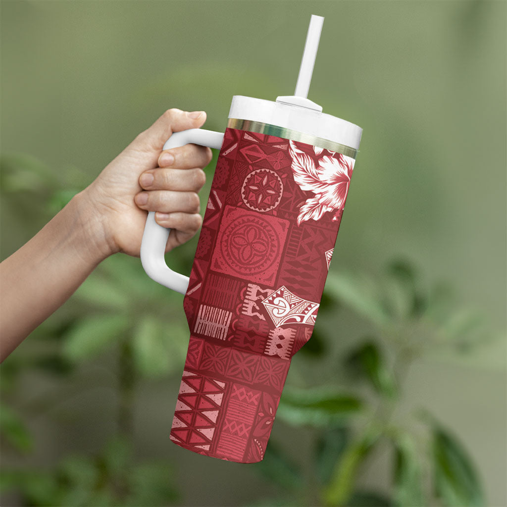 Kia Orana Cook Islands Tapa Floral With Cross Tumbler With Handle Crimson Red LT7 - Polynesian Pride