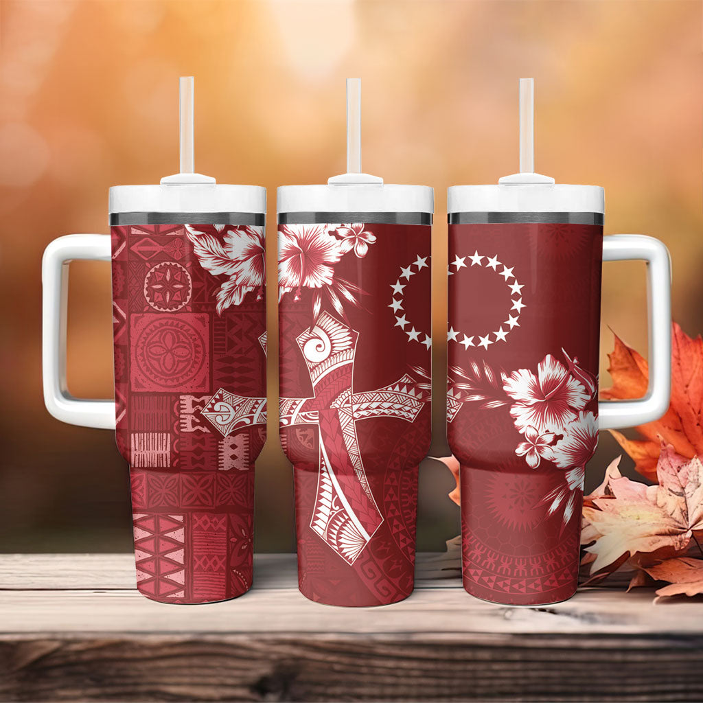 Kia Orana Cook Islands Tapa Floral With Cross Tumbler With Handle Crimson Red LT7 - Polynesian Pride