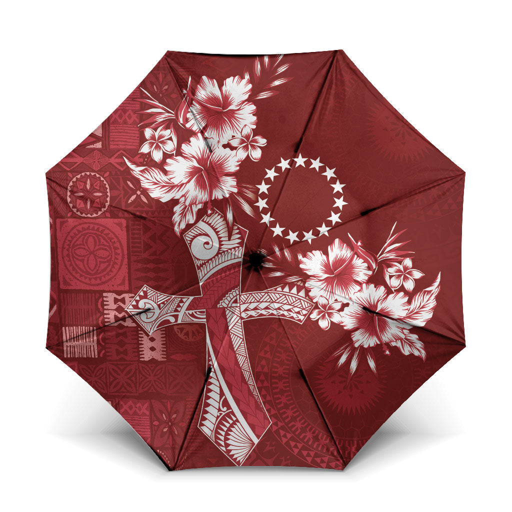 Kia Orana Cook Islands Tapa Floral With Cross Umbrella Crimson Red