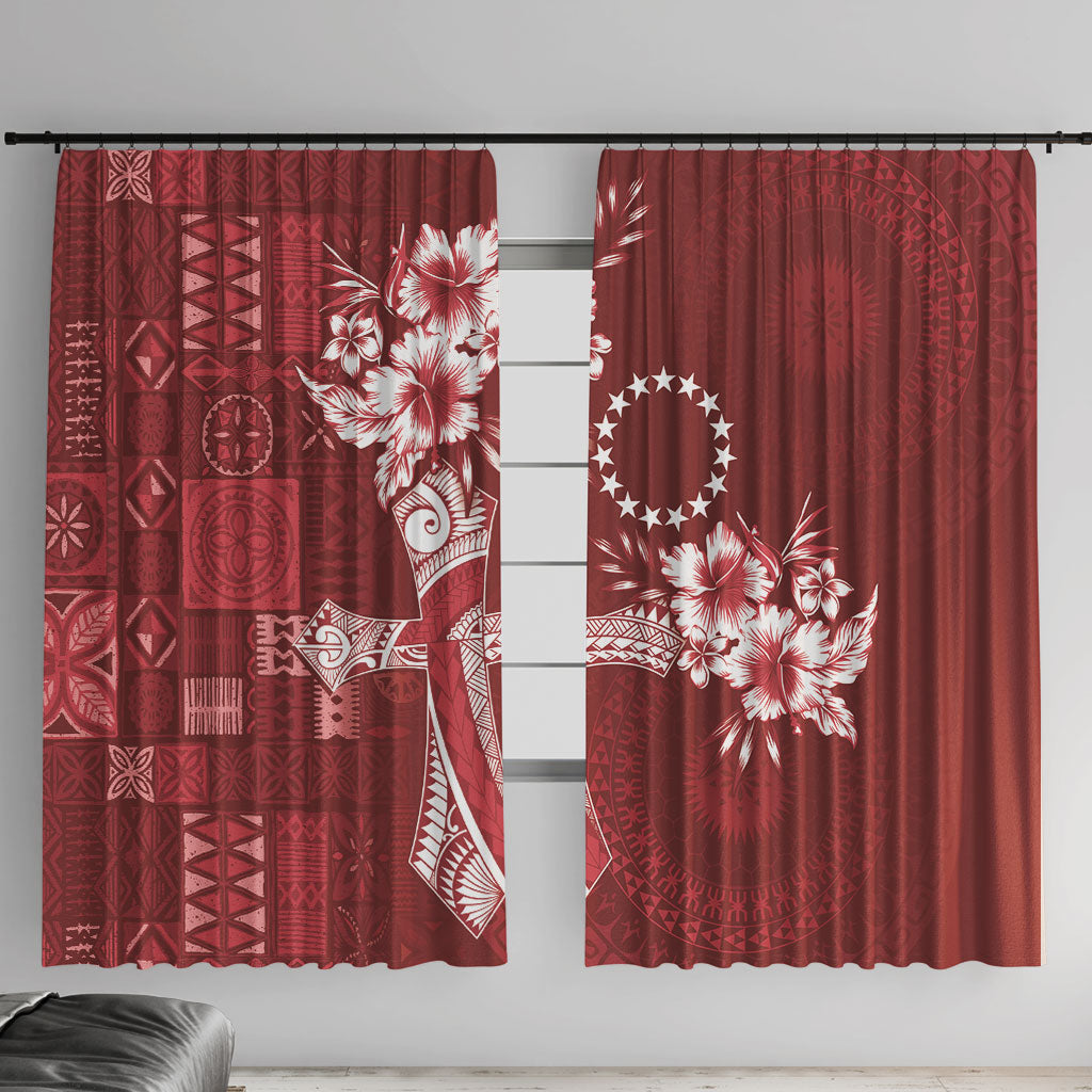 Kia Orana Cook Islands Tapa Floral With Cross Window Curtain Crimson Red