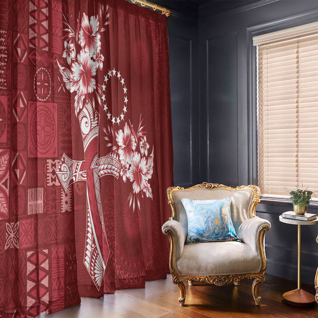 Kia Orana Cook Islands Tapa Floral With Cross Window Curtain Crimson Red LT7 - Polynesian Pride
