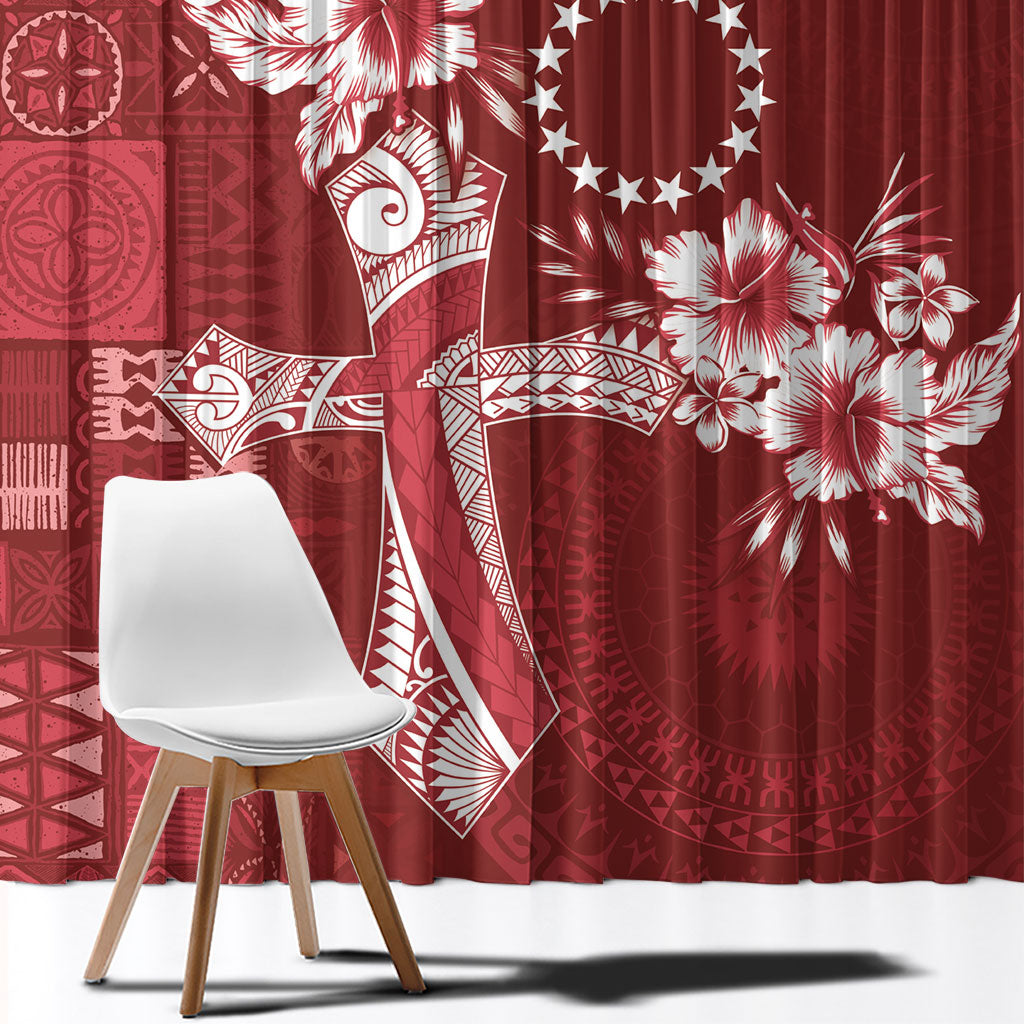 Kia Orana Cook Islands Tapa Floral With Cross Window Curtain Crimson Red LT7 - Polynesian Pride