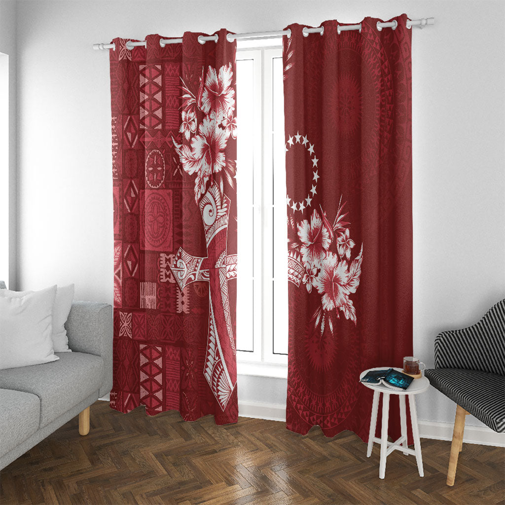 Kia Orana Cook Islands Tapa Floral With Cross Window Curtain Crimson Red LT7 With Grommets Crimson Red - Polynesian Pride