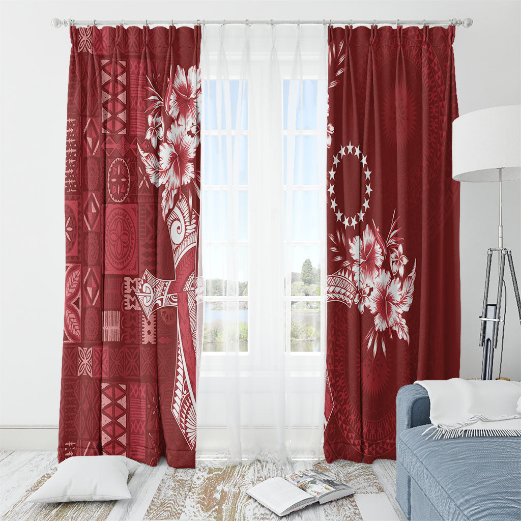Kia Orana Cook Islands Tapa Floral With Cross Window Curtain Crimson Red LT7 - Polynesian Pride