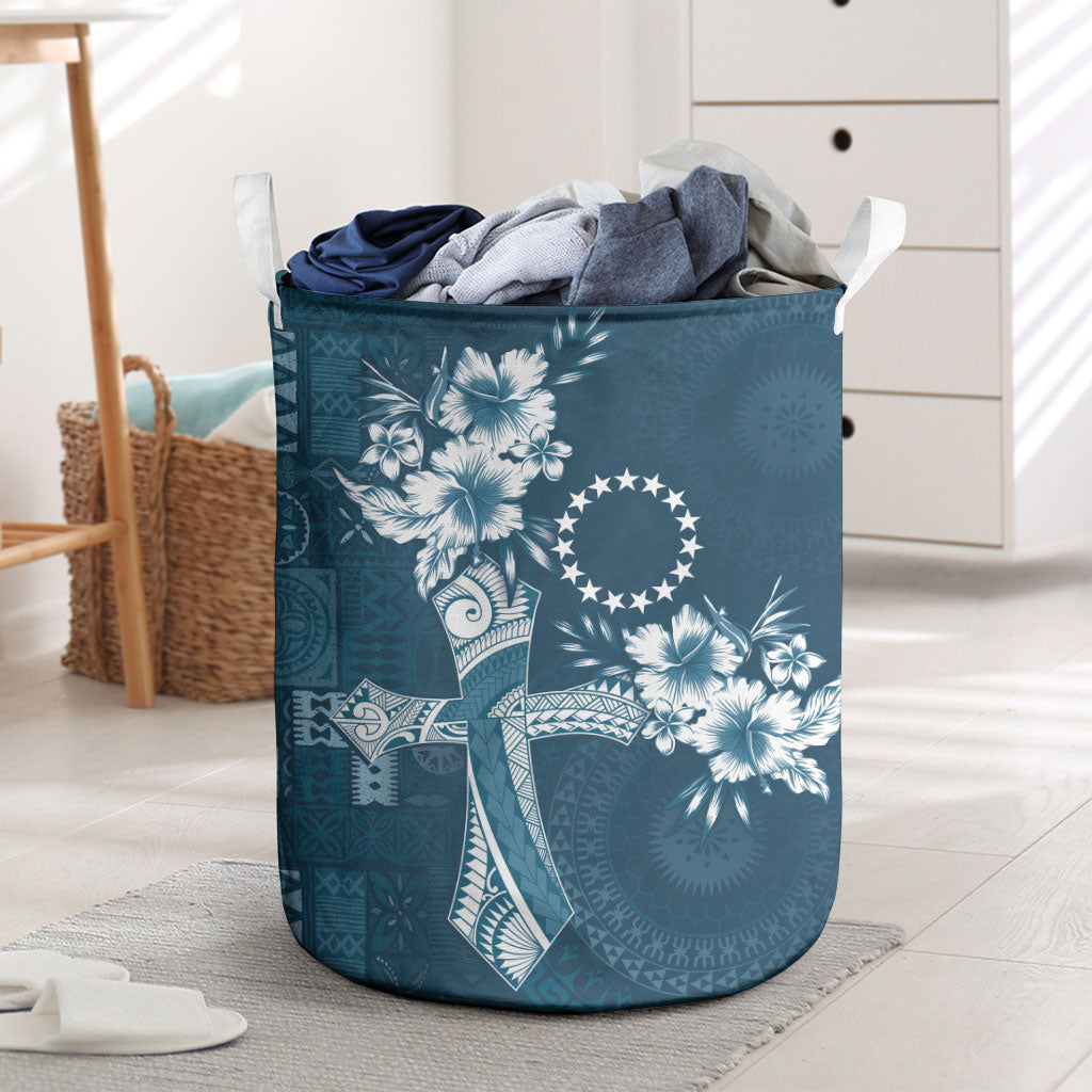 Kia Orana Cook Islands Tapa Floral With Cross Laundry Basket Navy Blue