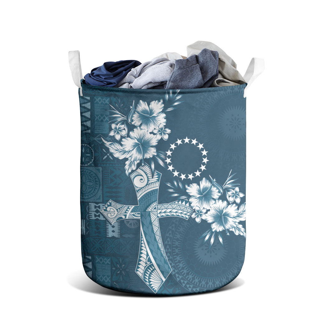 Kia Orana Cook Islands Tapa Floral With Cross Laundry Basket Navy Blue