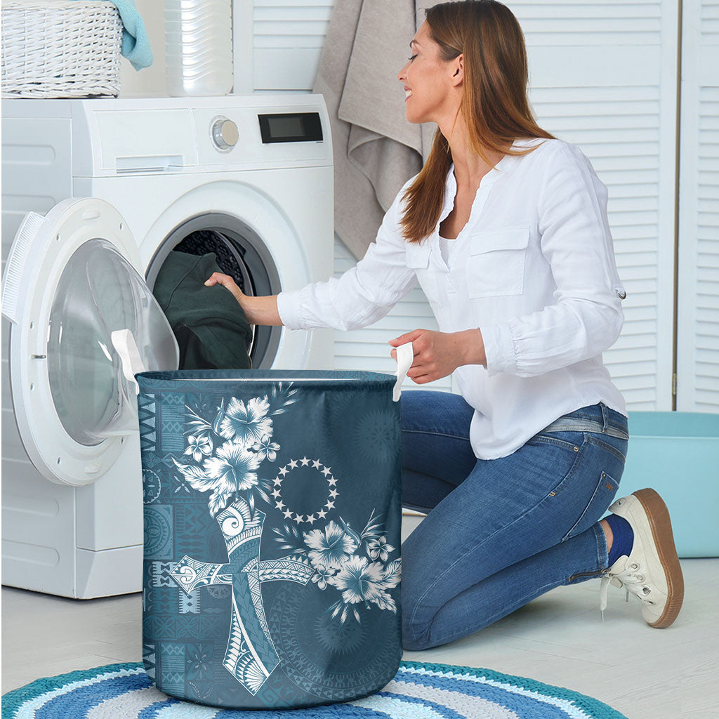 Kia Orana Cook Islands Tapa Floral With Cross Laundry Basket Navy Blue