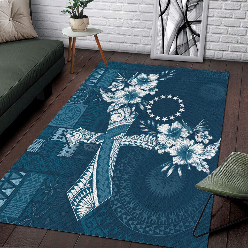 Kia Orana Cook Islands Tapa Floral With Cross Area Rug Navy Blue LT7 Navy Blue - Polynesian Pride