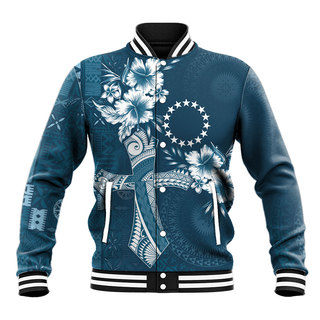 Kia Orana Cook Islands Tapa Floral With Cross Baseball Jacket Navy Blue
