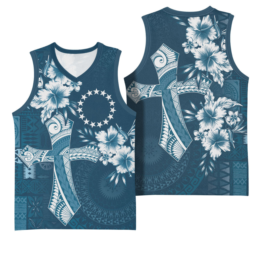Kia Orana Cook Islands Tapa Floral With Cross Basketball Jersey Navy Blue LT7 - Polynesian Pride