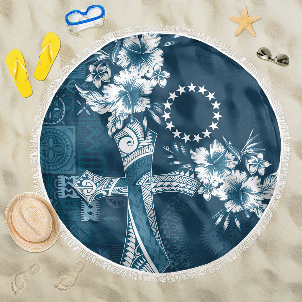 Kia Orana Cook Islands Tapa Floral With Cross Beach Blanket Navy Blue LT7 One Size 150cm Navy Blue - Polynesian Pride