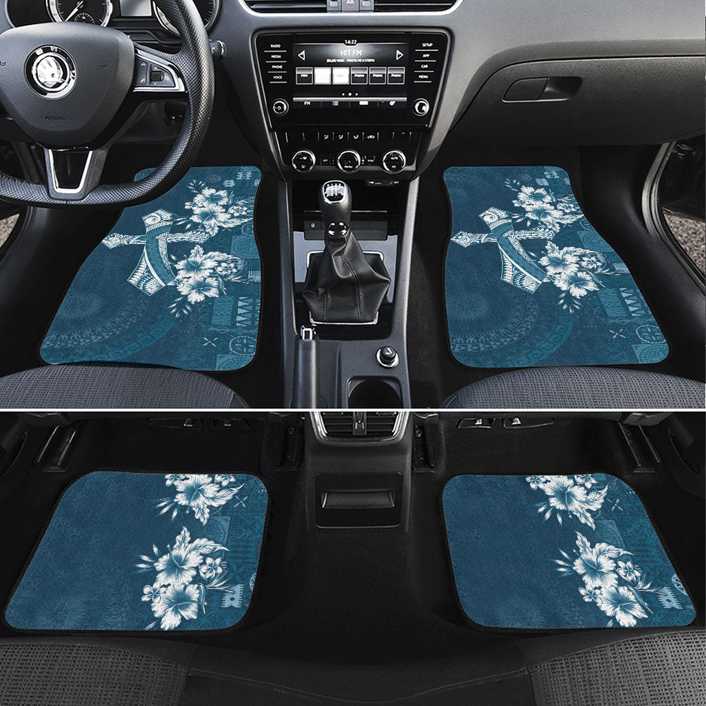 Kia Orana Cook Islands Tapa Floral With Cross Car Mats Navy Blue LT7 Set 4pcs Navy Blue - Polynesian Pride