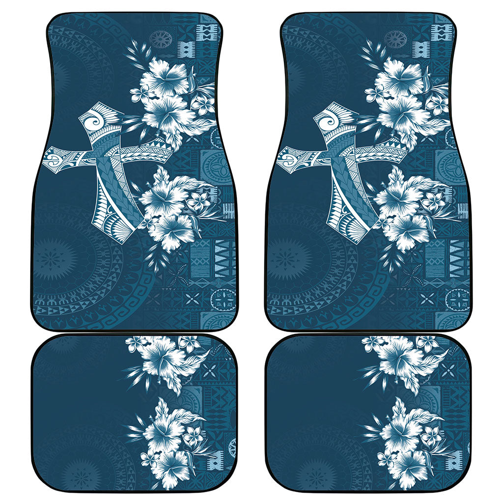 Kia Orana Cook Islands Tapa Floral With Cross Car Mats Navy Blue LT7 - Polynesian Pride