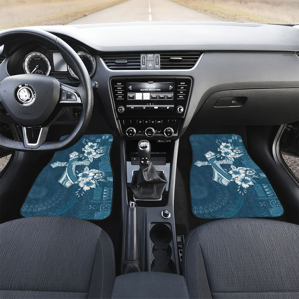 Kia Orana Cook Islands Tapa Floral With Cross Car Mats Navy Blue LT7 Set 2pcs - Front Navy Blue - Polynesian Pride