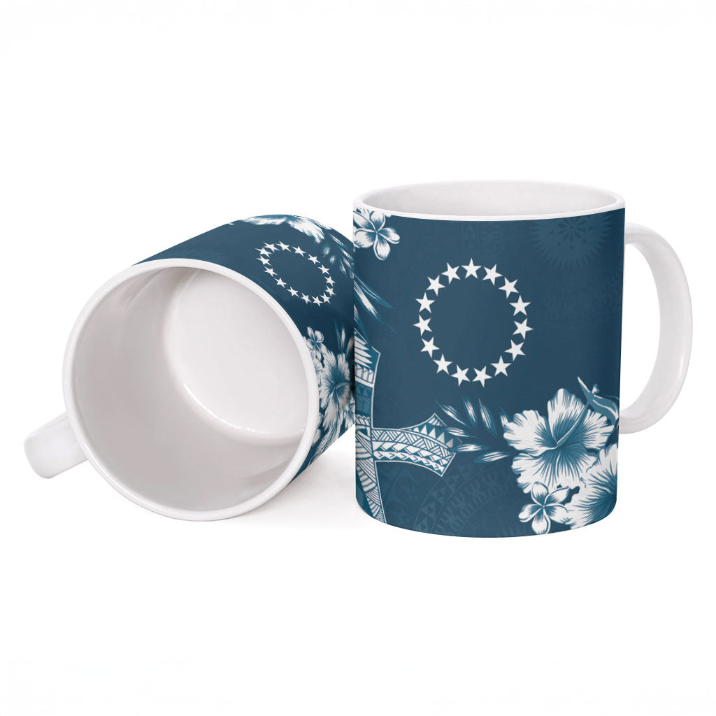Kia Orana Cook Islands Tapa Floral With Cross Ceramic Mug Navy Blue