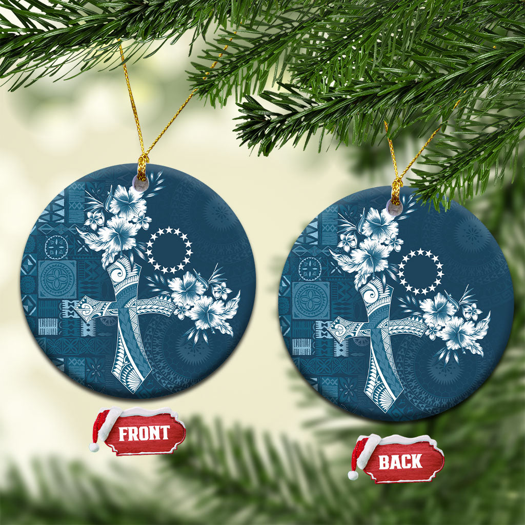 Kia Orana Cook Islands Tapa Floral With Cross Ceramic Ornament Navy Blue LT7 Circle Navy Blue - Polynesian Pride