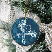 Kia Orana Cook Islands Tapa Floral With Cross Ceramic Ornament Navy Blue LT7 - Polynesian Pride