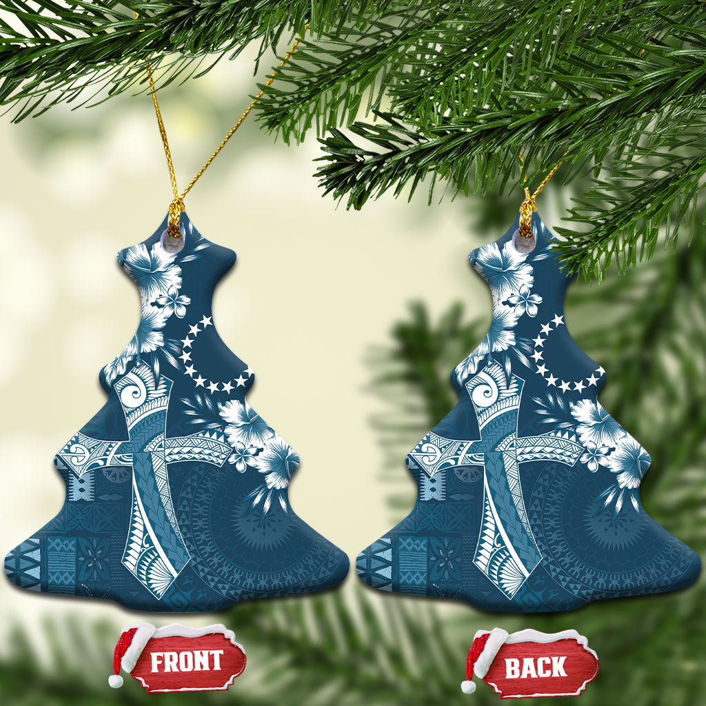 Kia Orana Cook Islands Tapa Floral With Cross Ceramic Ornament Navy Blue LT7 Christmas Tree Navy Blue - Polynesian Pride
