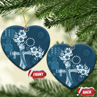Kia Orana Cook Islands Tapa Floral With Cross Ceramic Ornament Navy Blue LT7 Heart Navy Blue - Polynesian Pride