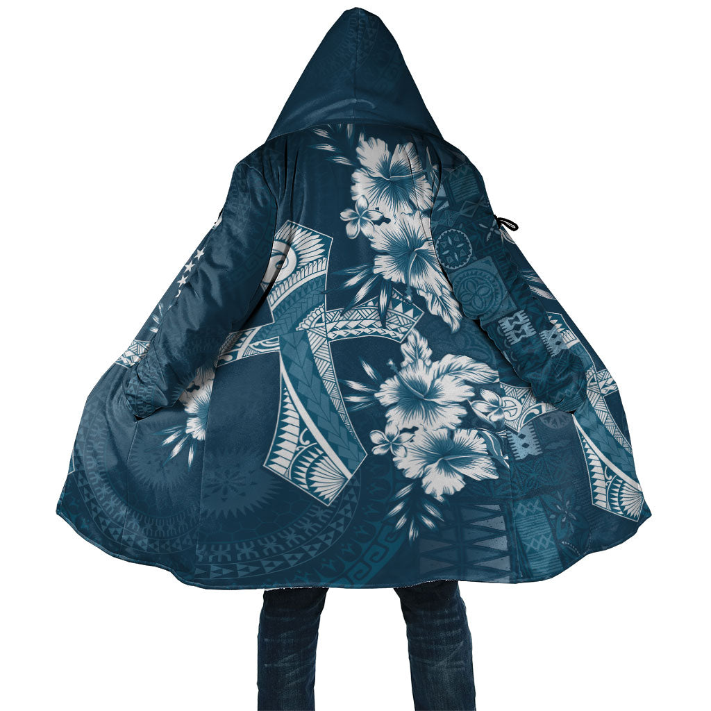 Kia Orana Cook Islands Tapa Floral With Cross Cloak Navy Blue LT7 Unisex Navy Blue - Polynesian Pride