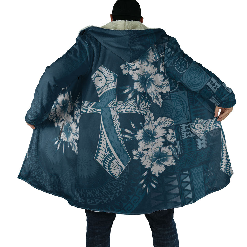 Kia Orana Cook Islands Tapa Floral With Cross Cloak Navy Blue LT7 - Polynesian Pride