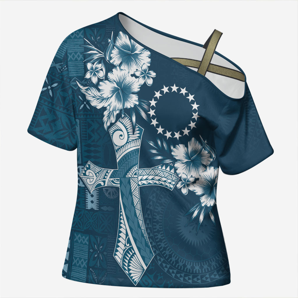 Kia Orana Cook Islands Tapa Floral With Cross Cross Shoulder Shirt Navy Blue LT7 Female Navy Blue - Polynesian Pride