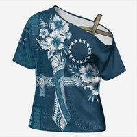 Kia Orana Cook Islands Tapa Floral With Cross Cross Shoulder Shirt Navy Blue LT7 Female Navy Blue - Polynesian Pride