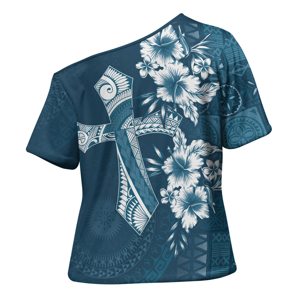 Kia Orana Cook Islands Tapa Floral With Cross Cross Shoulder Shirt Navy Blue LT7 - Polynesian Pride