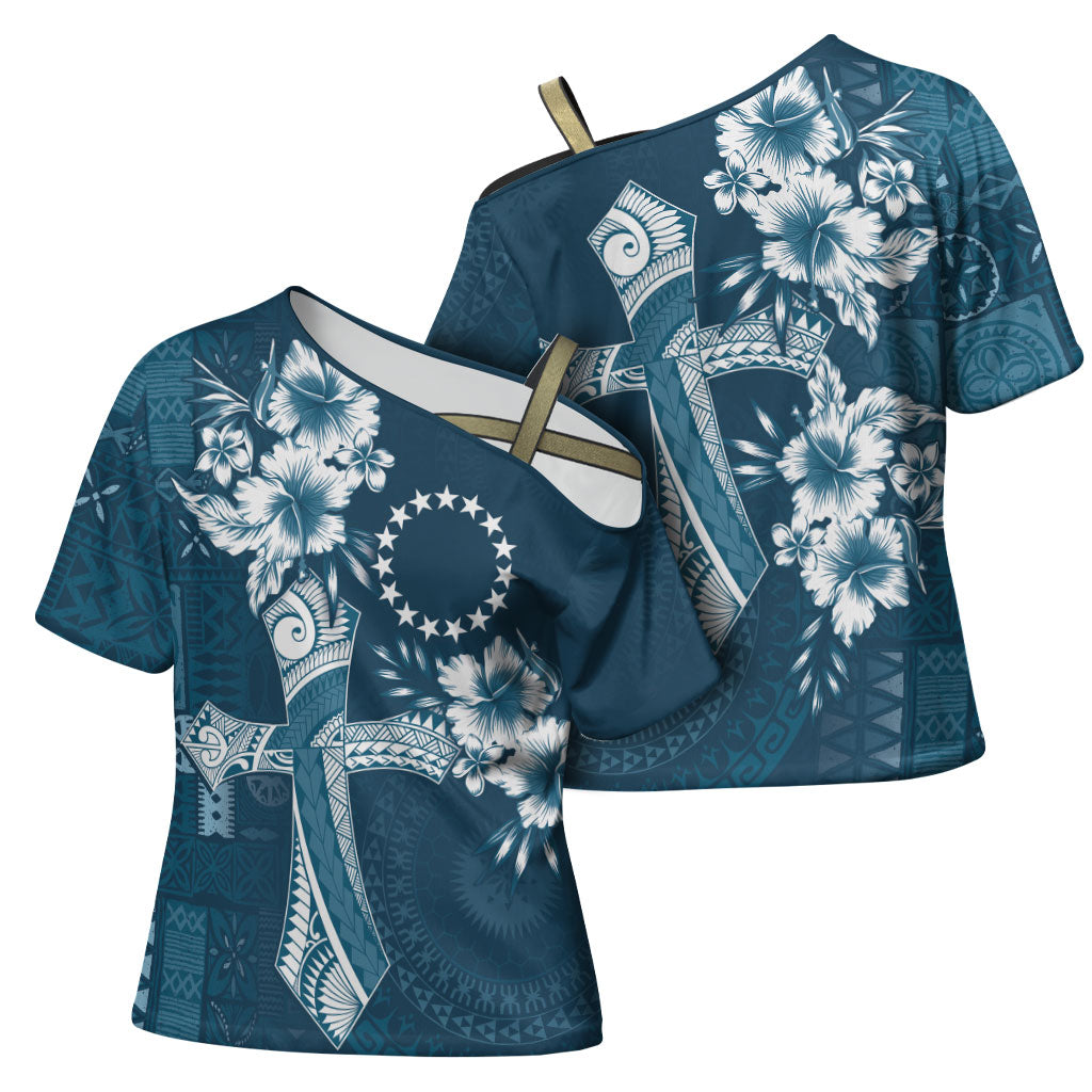 Kia Orana Cook Islands Tapa Floral With Cross Cross Shoulder Shirt Navy Blue LT7 - Polynesian Pride