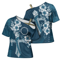 Kia Orana Cook Islands Tapa Floral With Cross Cross Shoulder Shirt Navy Blue LT7 - Polynesian Pride