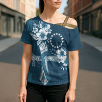 Kia Orana Cook Islands Tapa Floral With Cross Cross Shoulder Shirt Navy Blue LT7 - Polynesian Pride