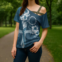 Kia Orana Cook Islands Tapa Floral With Cross Cross Shoulder Shirt Navy Blue LT7 - Polynesian Pride
