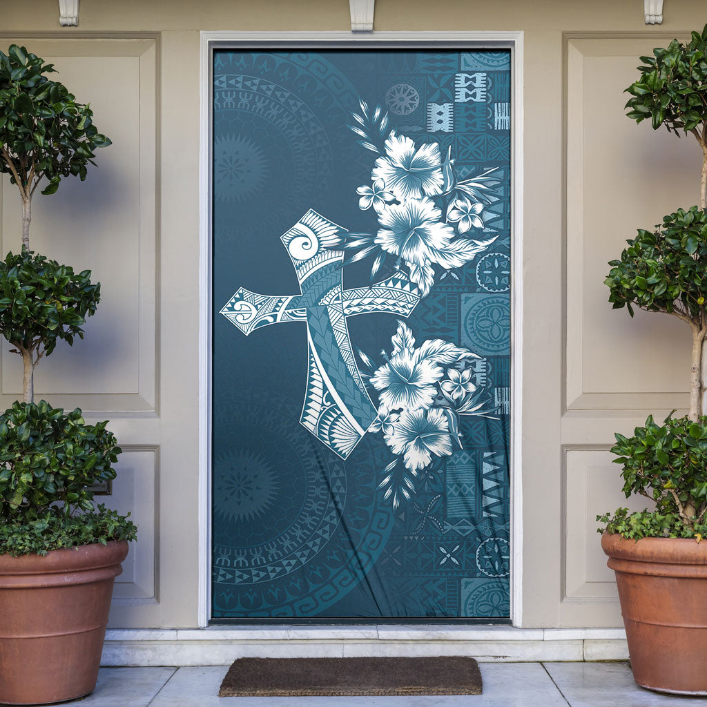 Kia Orana Cook Islands Tapa Floral With Cross Door Cover Navy Blue LT7 Navy Blue - Polynesian Pride
