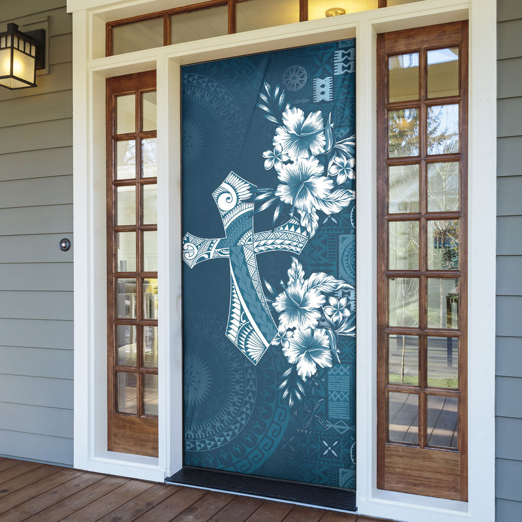 Kia Orana Cook Islands Tapa Floral With Cross Door Cover Navy Blue LT7 - Polynesian Pride