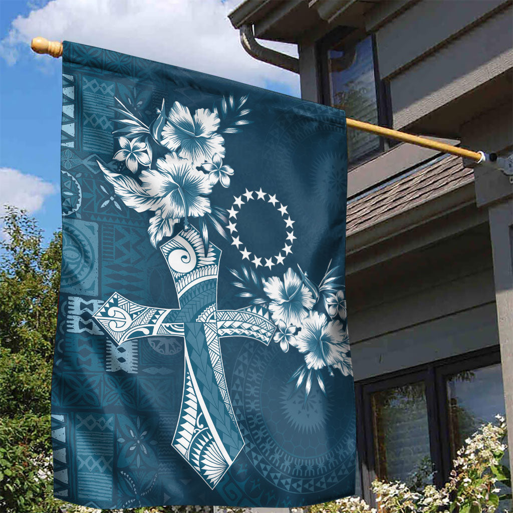 Kia Orana Cook Islands Tapa Floral With Cross Garden Flag Navy Blue LT7 - Polynesian Pride