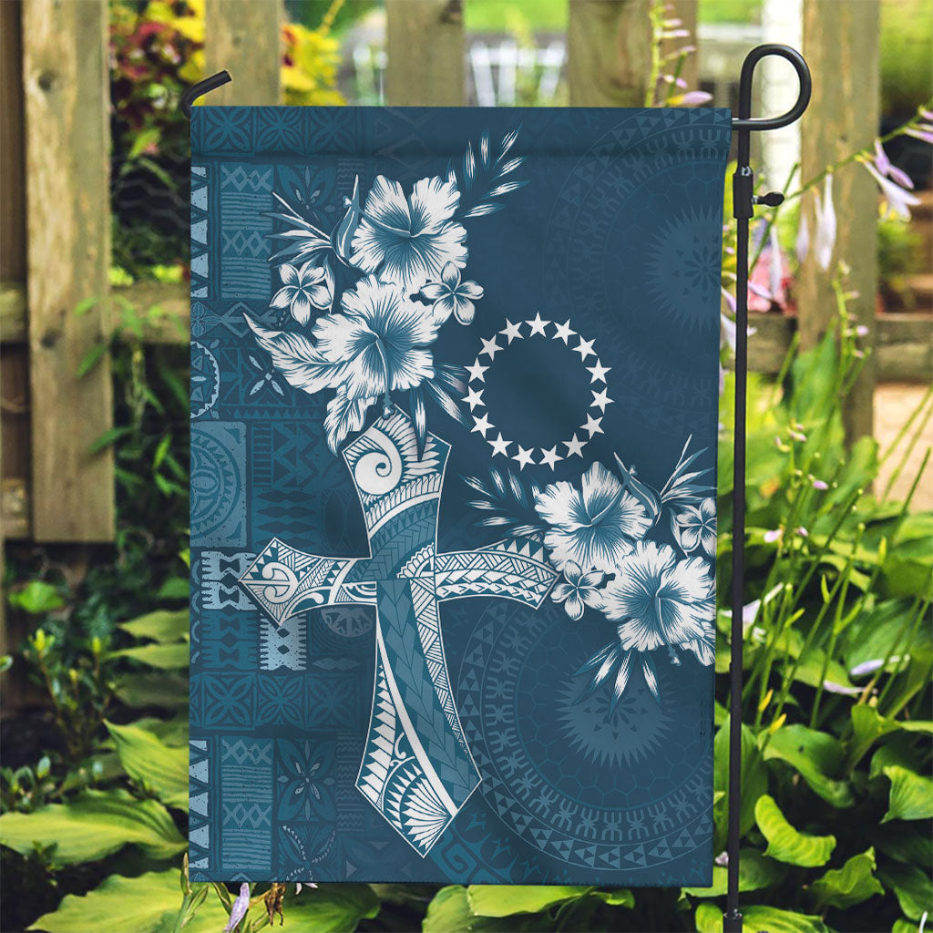 Kia Orana Cook Islands Tapa Floral With Cross Garden Flag Navy Blue LT7 Garden Flag Navy Blue - Polynesian Pride