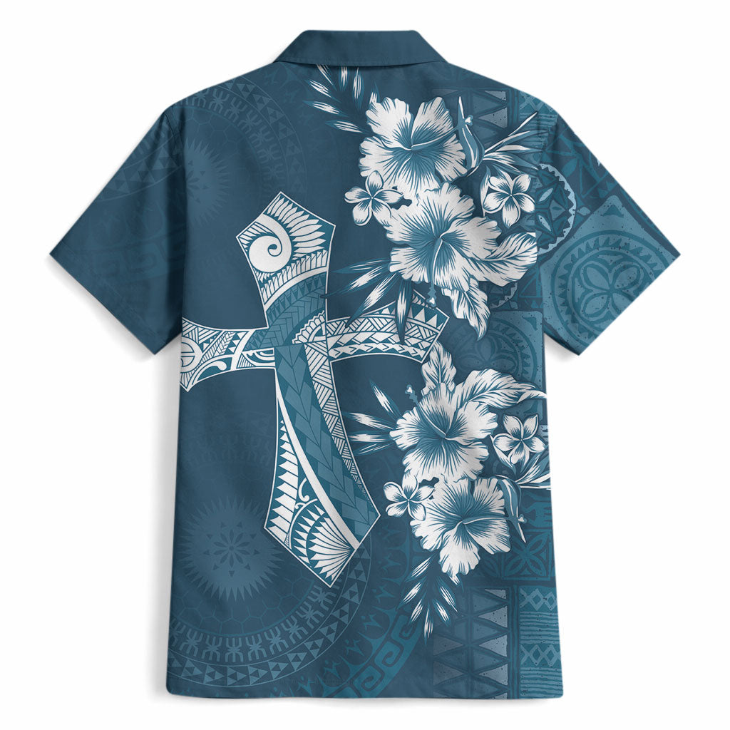 Kia Orana Cook Islands Tapa Floral With Cross Hawaiian Shirt Navy Blue LT7 - Polynesian Pride