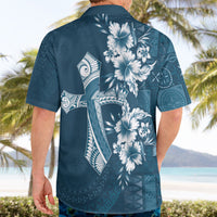 Kia Orana Cook Islands Tapa Floral With Cross Hawaiian Shirt Navy Blue LT7 - Polynesian Pride