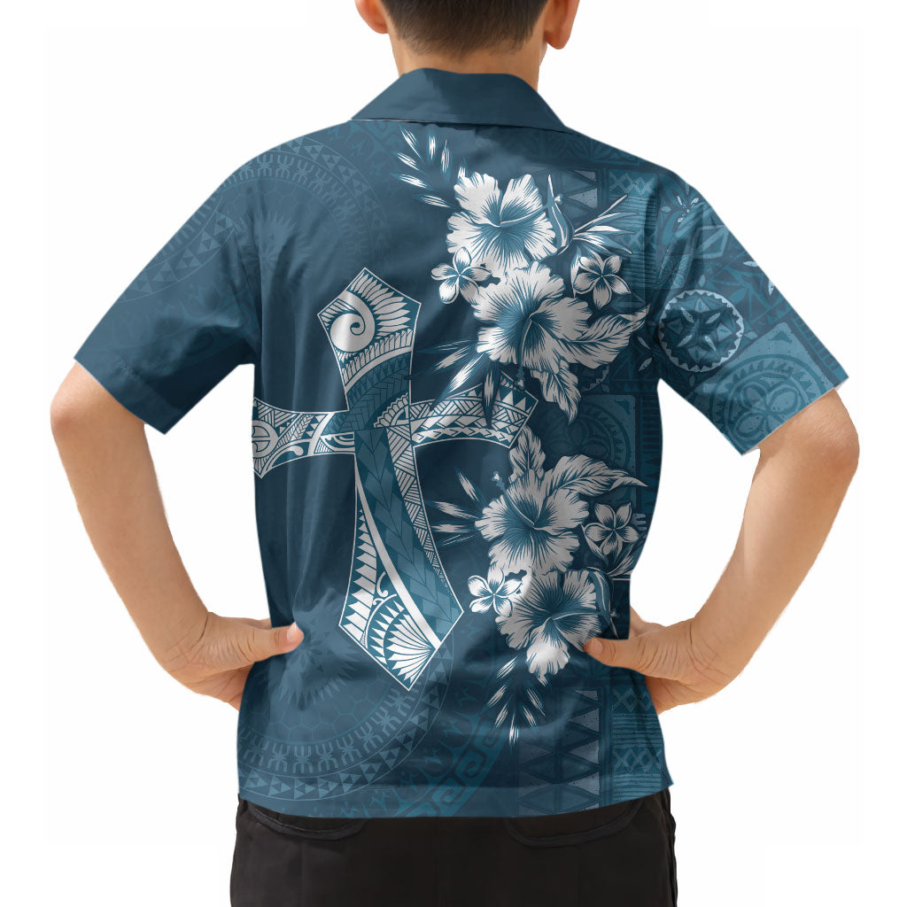 Kia Orana Cook Islands Tapa Floral With Cross Hawaiian Shirt Navy Blue LT7 - Polynesian Pride