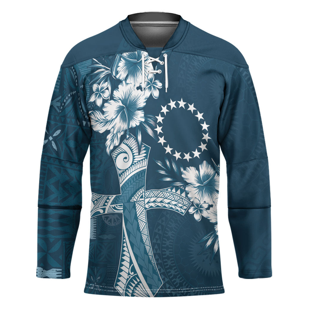 Kia Orana Cook Islands Tapa Floral With Cross Hockey Jersey Navy Blue LT7 Unisex Navy Blue - Polynesian Pride